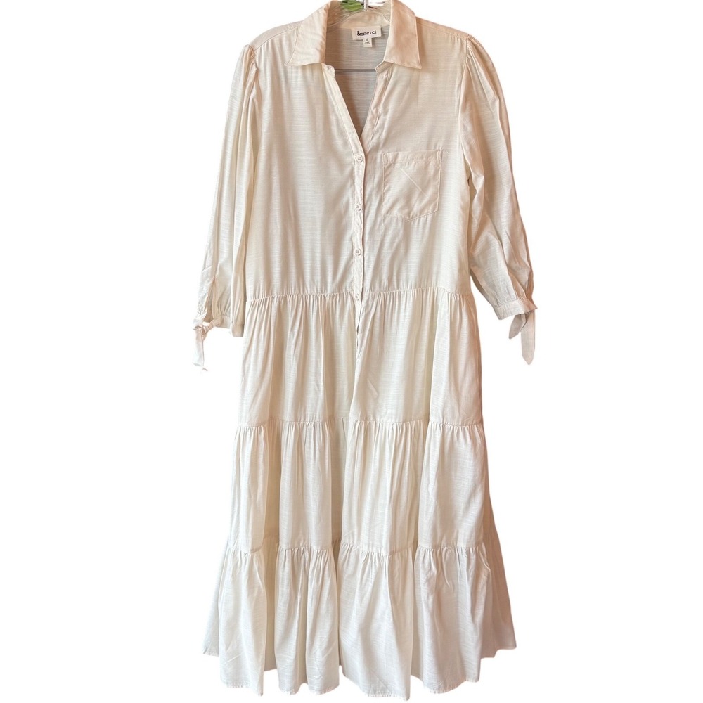 &merci Tiered Maxi Shirt Dress Cream Button Front Long Sleeve Size Small
